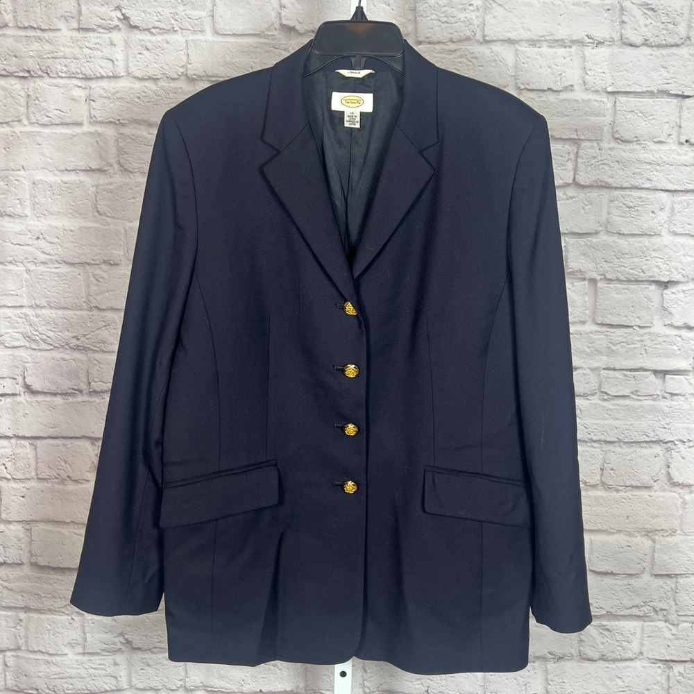 Talbots Women's 14 Navy Blue Wool Crepe Gold Button Blazer Classic Workcore